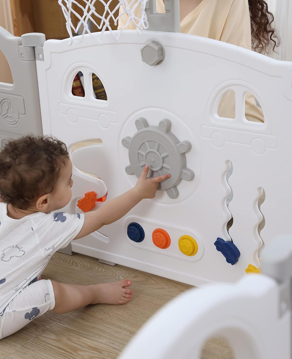UBRAVOO Foldable Baby Playpen with Mini Basketball Hoop & 50Pcs Coloured Pit Balls, Car Theme Playpen for Baby and Toddlers, Large & Fun Indoor Activity Centre (14-Panel, Grey-White)