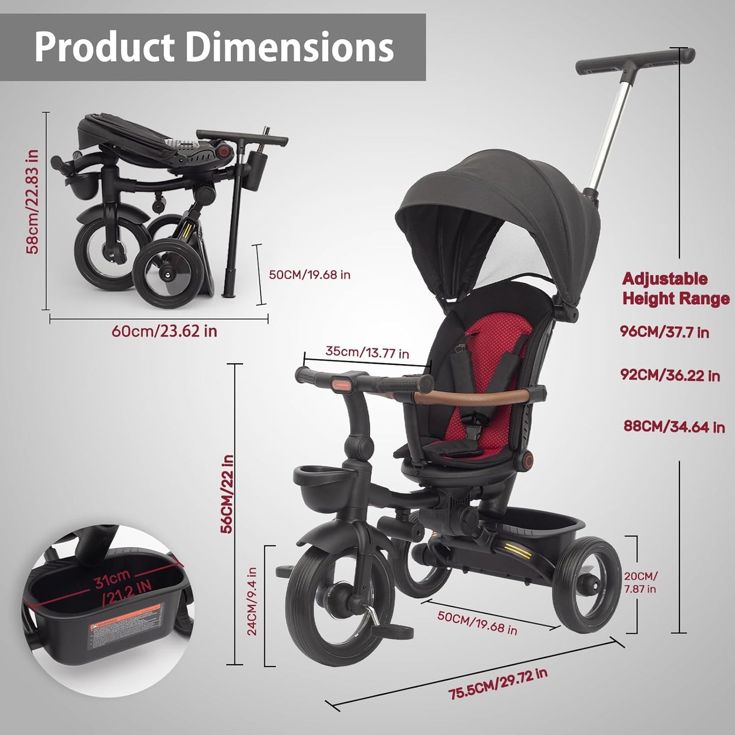 UBRAVOO Baby Tricycle,7 in 1 Foldable Trike for Kids age 6M+ to 5 Years,Headlights.1-Step Brake Folding Pedal, Extended Canopy, Detachable Guardrail, All-Terrain Stroll & Steer Bike Stroller (Black)