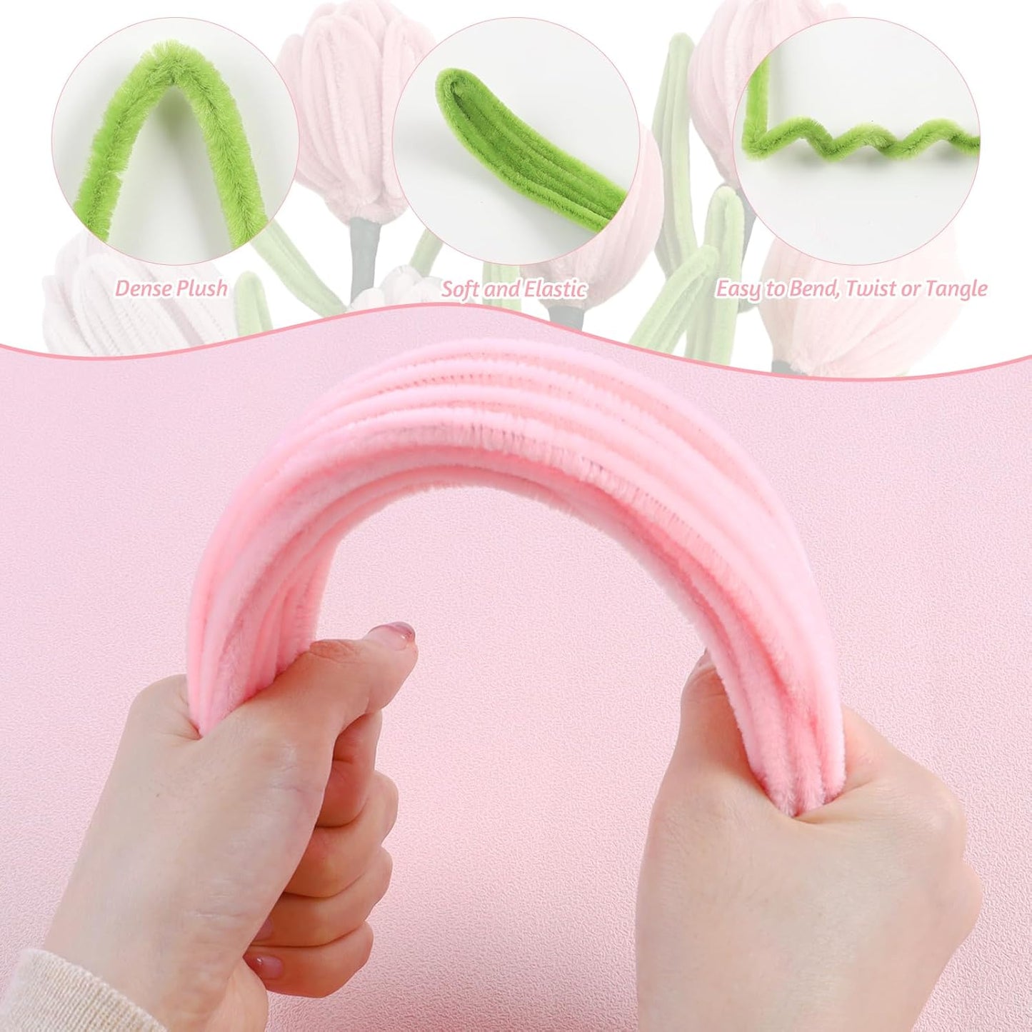 Rosa Tulip Bouquet Pfeifenreiniger Set, 400 Stück Pfeifenputzer zum Basteln 4 Farben Pipe Cleaner mit 20 Stück Grünem Bastelfaden, Geschenkband, Klebeband(Dunkelrosa, Mittelrosa, Hellrosa)