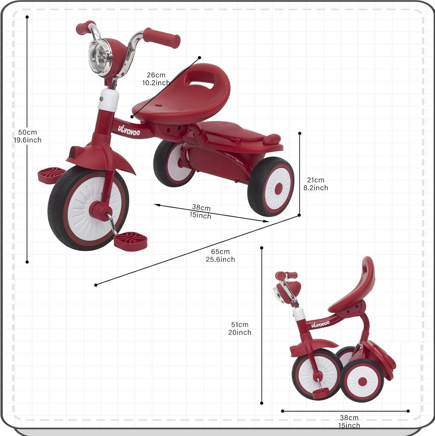 UBRAVOO Baby Dreirad - Klappbares Kleinkind-Dreirad Mit Pedalen, Coolen Lichtern, Robusten Rädern Und Bequemem Sitz - Erstes Lauflern-Fahrzeug Für 1-5 Jahre Alte Mädchen Und Jungen (Rot)