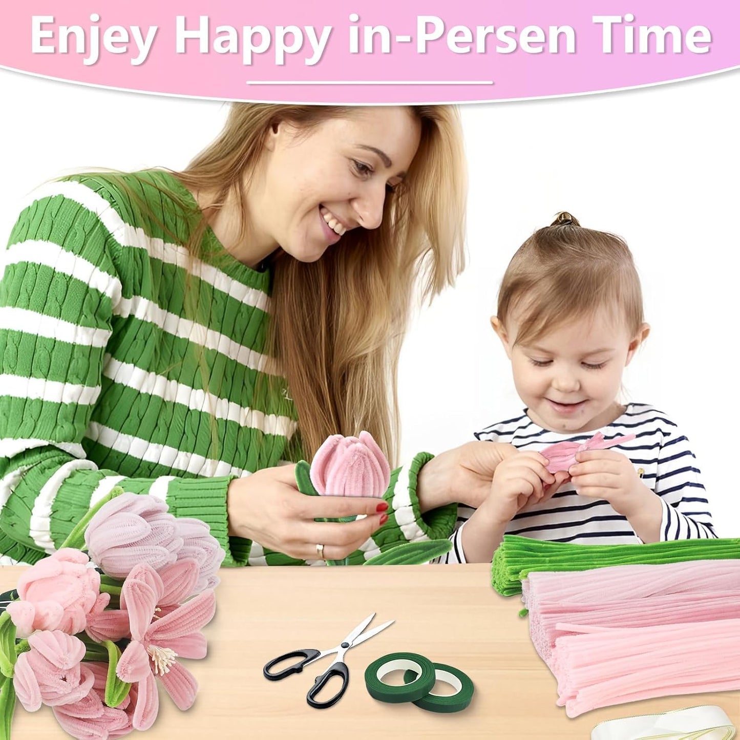 Rosa Tulip Bouquet Pfeifenreiniger Set, 400 Stück Pfeifenputzer zum Basteln 4 Farben Pipe Cleaner mit 20 Stück Grünem Bastelfaden, Geschenkband, Klebeband(Dunkelrosa, Mittelrosa, Hellrosa)