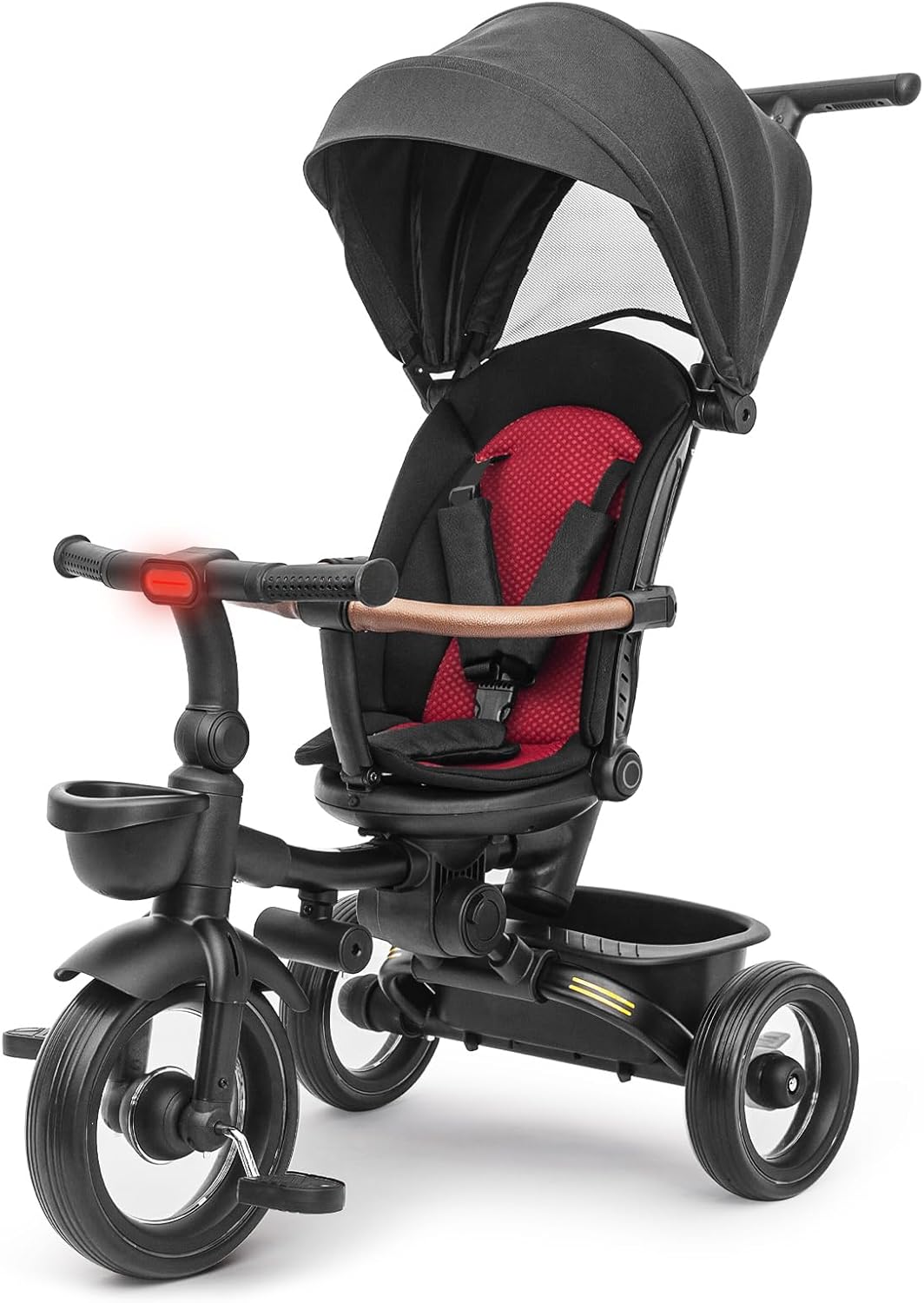 UBRAVOO Baby Tricycle,7 in 1 Foldable Trike for Kids age 6M+ to 5 Years,Headlights.1-Step Brake Folding Pedal, Extended Canopy, Detachable Guardrail, All-Terrain Stroll & Steer Bike Stroller (Black)