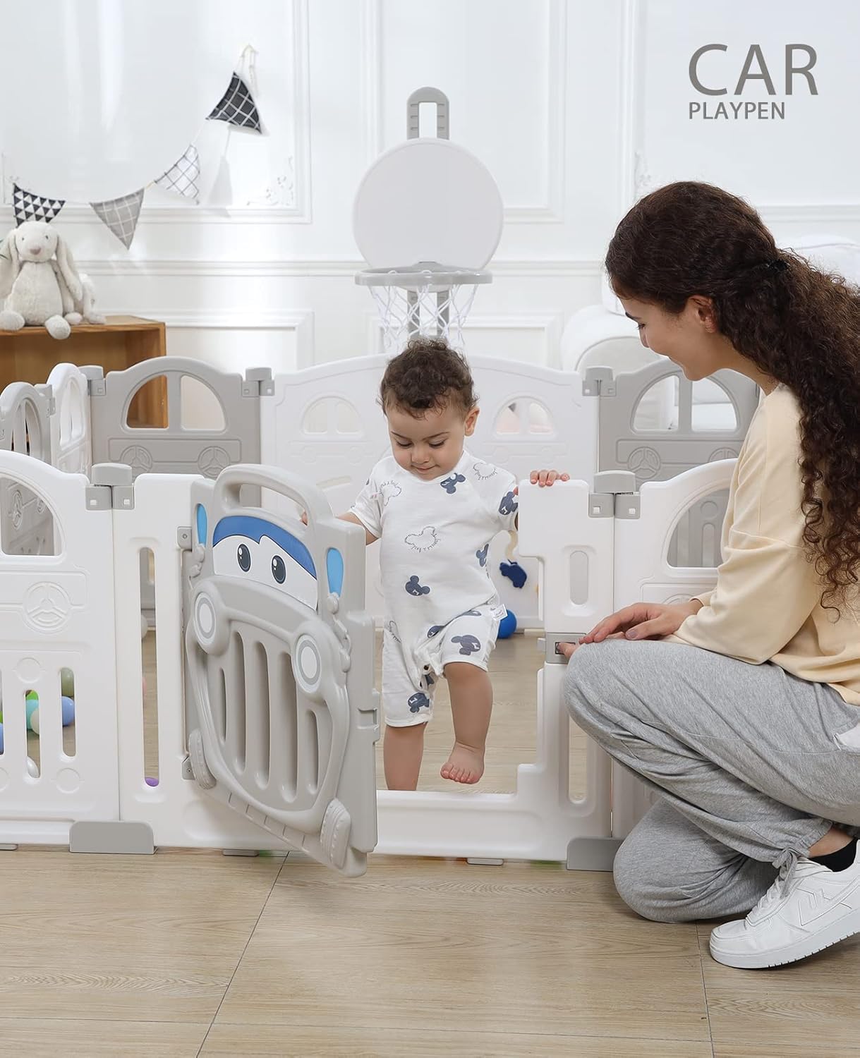 UBRAVOO Foldable Baby Playpen with Mini Basketball Hoop & 50Pcs Coloured Pit Balls, Car Theme Playpen for Baby and Toddlers, Large & Fun Indoor Activity Centre (14-Panel, Grey-White)