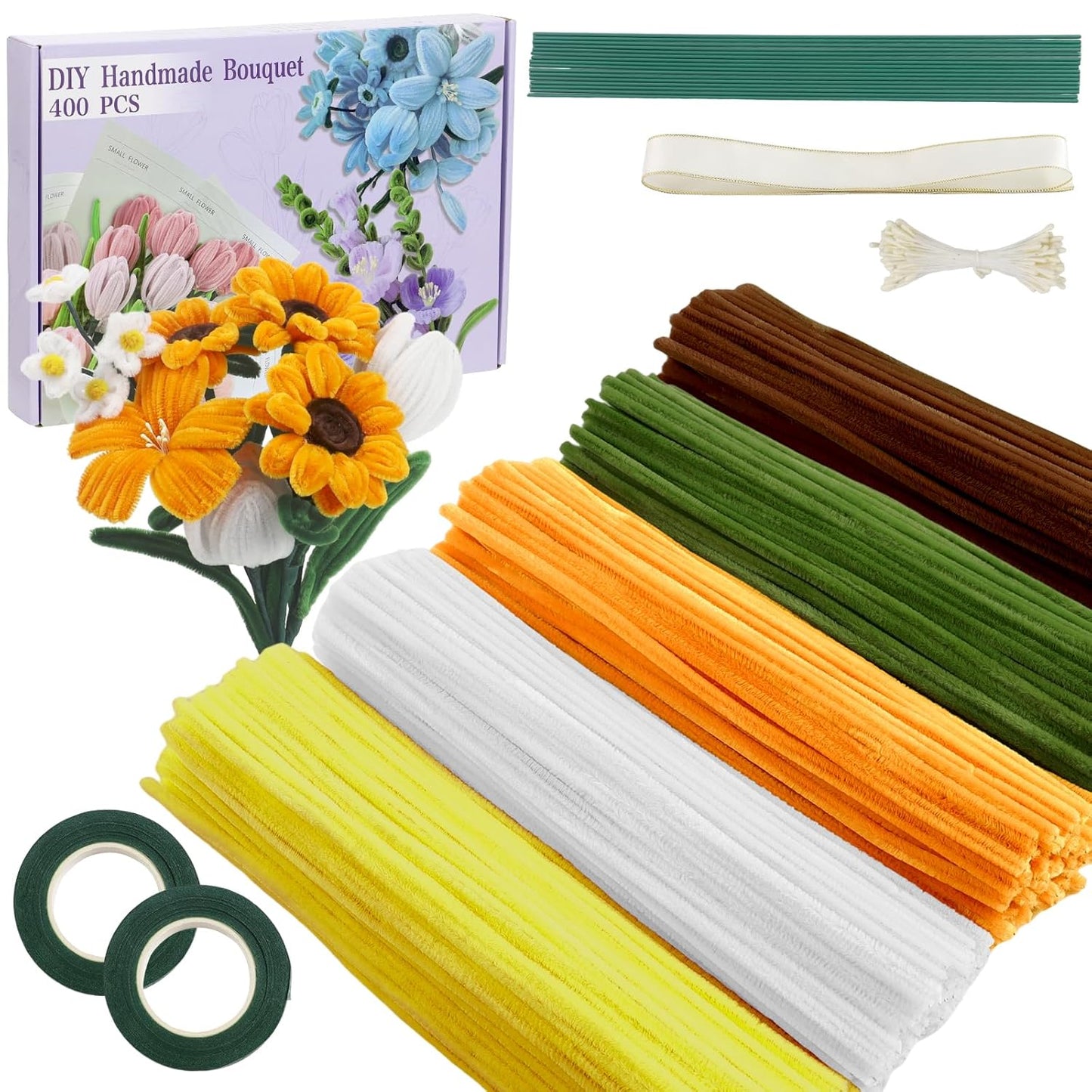 Rosa Tulip Bouquet Pfeifenreiniger Set, 400 Stück Pfeifenputzer zum Basteln 4 Farben Pipe Cleaner mit 20 Stück Grünem Bastelfaden, Geschenkband, Klebeband(Dunkelrosa, Mittelrosa, Hellrosa)
