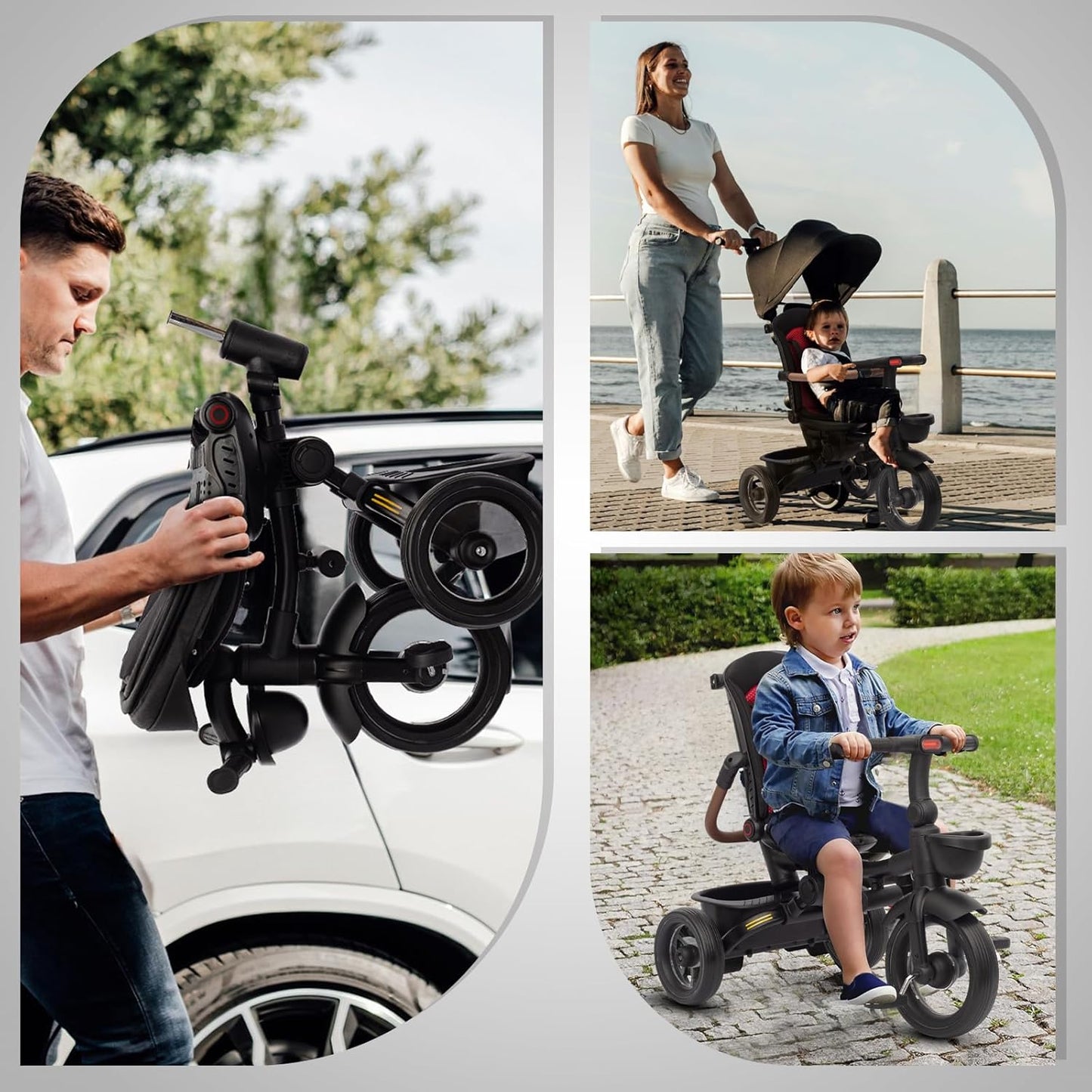 UBRAVOO Baby Tricycle,7 in 1 Foldable Trike for Kids age 6M+ to 5 Years,Headlights.1-Step Brake Folding Pedal, Extended Canopy, Detachable Guardrail, All-Terrain Stroll & Steer Bike Stroller (Black)