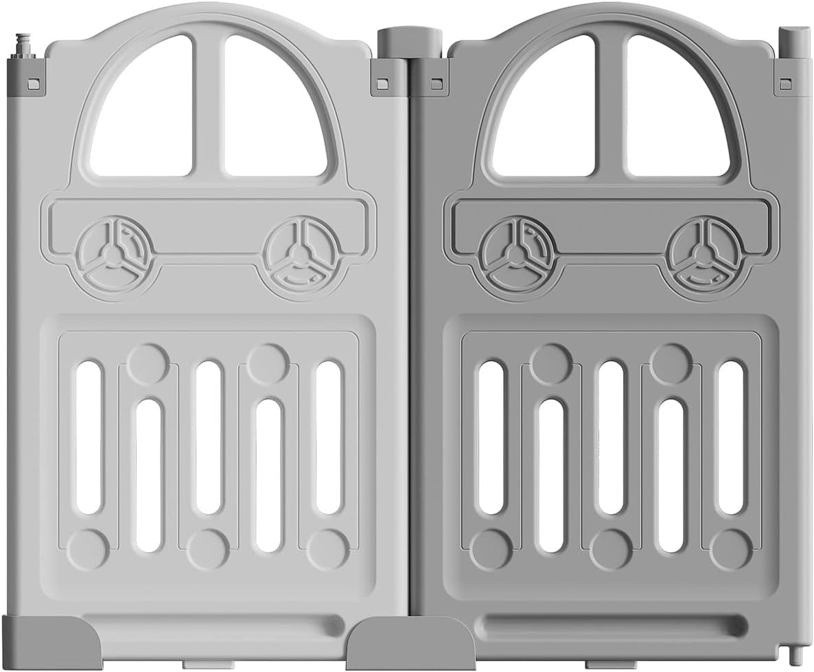 UBRAVOO Foldable Baby Playpen with Mini Basketball Hoop & 50Pcs Coloured Pit Balls, Car Theme Playpen for Baby and Toddlers, Large & Fun Indoor Activity Centre (14-Panel, Grey-White)