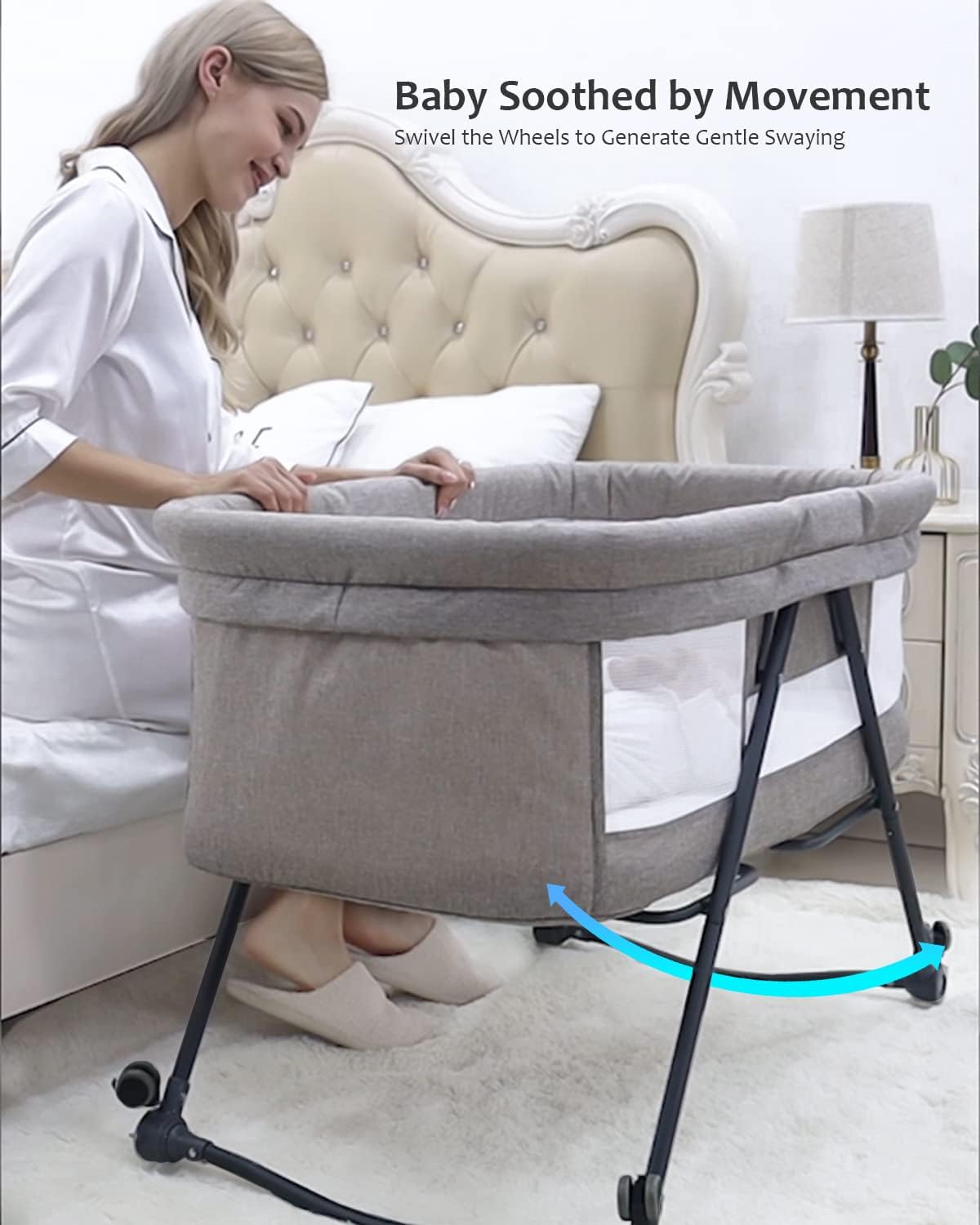UBRAVOO Grab-and-go Travel Cot, Baby Crib with Mattress I Silent Wheels, Baby Bedside Crib | Rocking Crib Convertible, XYT-001 (Gray - Bravo Basic)