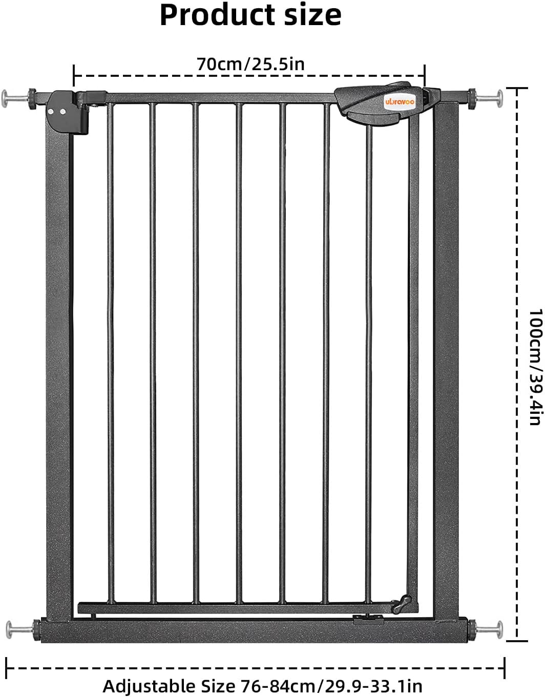 UBRAVOO Baby Gate for Dogs,Height 100CM Door Safety Gate for Child 76-84 cm Wide Auto Close Triple Lock Open Keep Stair Gate(Black)