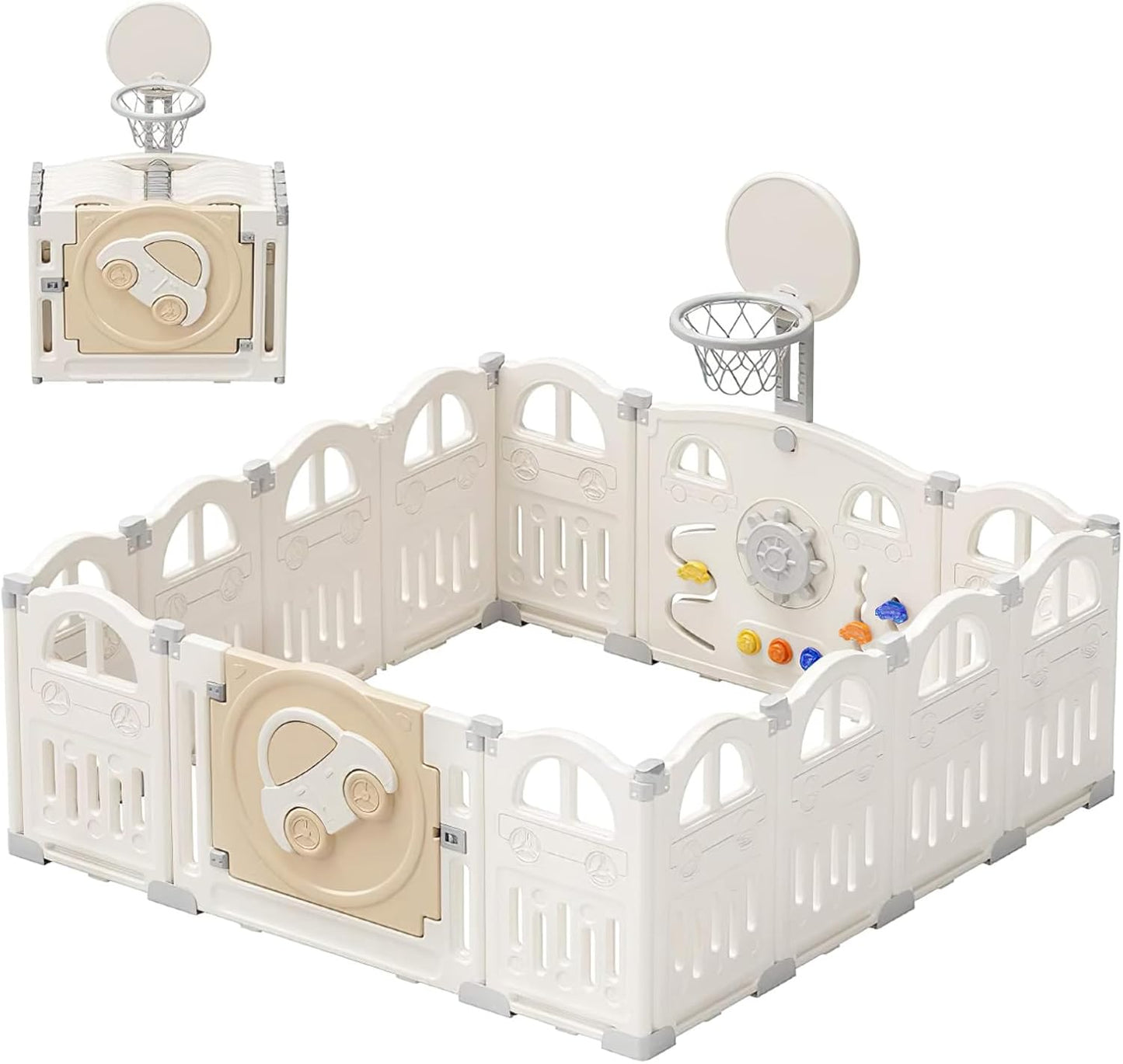 UBRAVOO Foldable Baby Playpen with Mini Basketball Hoop & 50Pcs Coloured Pit Balls, Car Theme Playpen for Baby and Toddlers, Large & Fun Indoor Activity Centre (14-Panel, Grey-White)