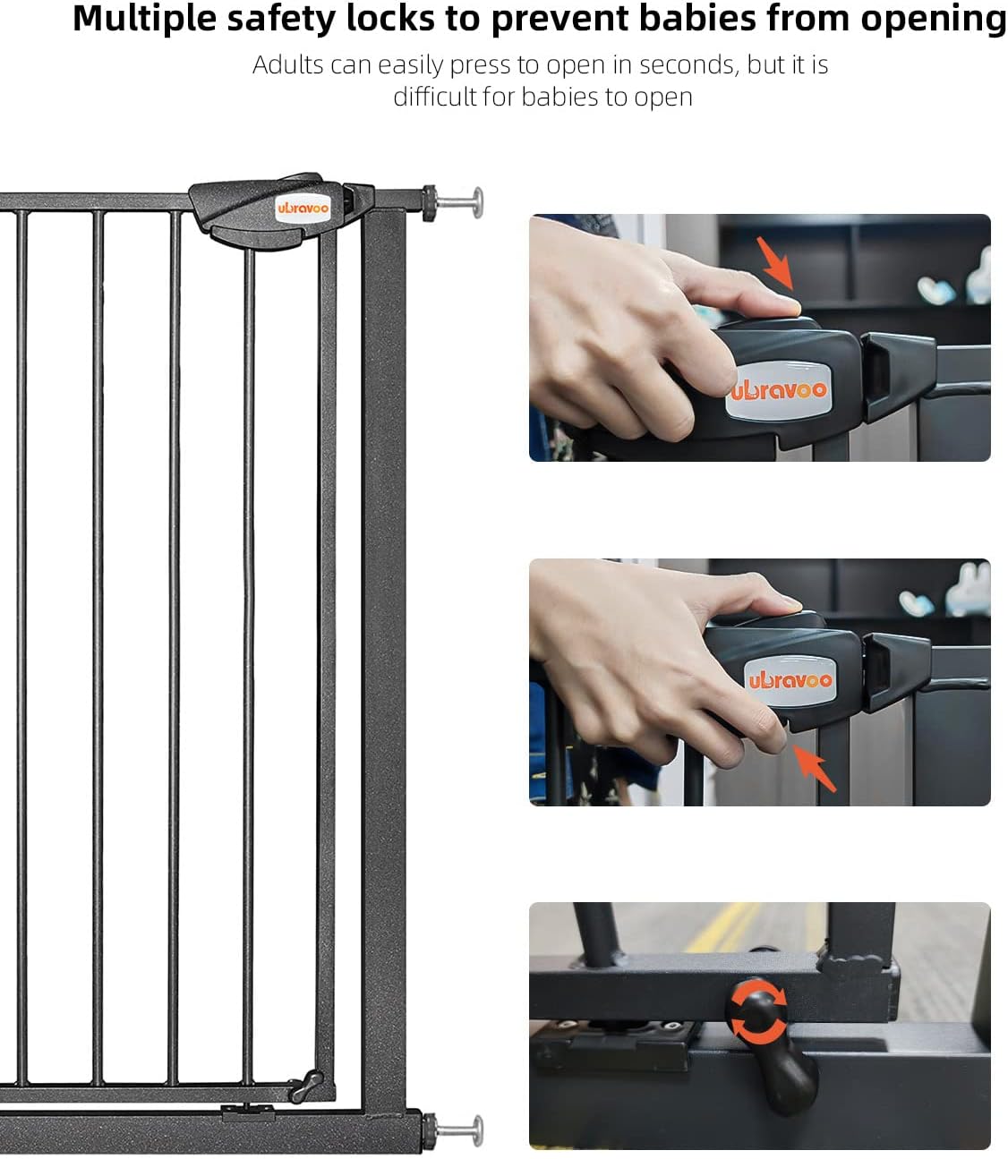 UBRAVOO Baby Gate for Dogs,Height 100CM Door Safety Gate for Child 76-84 cm Wide Auto Close Triple Lock Open Keep Stair Gate(Black)