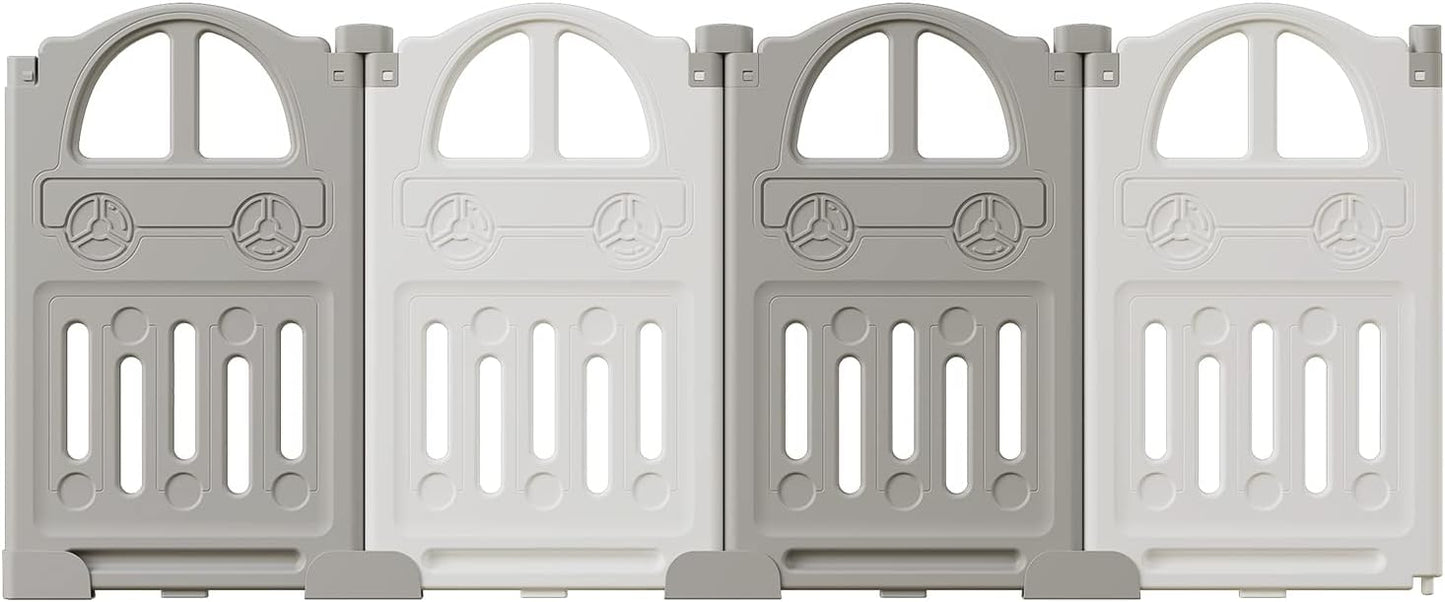 UBRAVOO Foldable Baby Playpen with Mini Basketball Hoop & 50Pcs Coloured Pit Balls, Car Theme Playpen for Baby and Toddlers, Large & Fun Indoor Activity Centre (14-Panel, Grey-White)