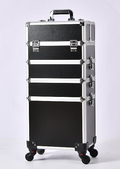 Black Rolling Makeup Train Case | 4-Tier Pull Rod Cosmetic Storage Box for Travel & Salon