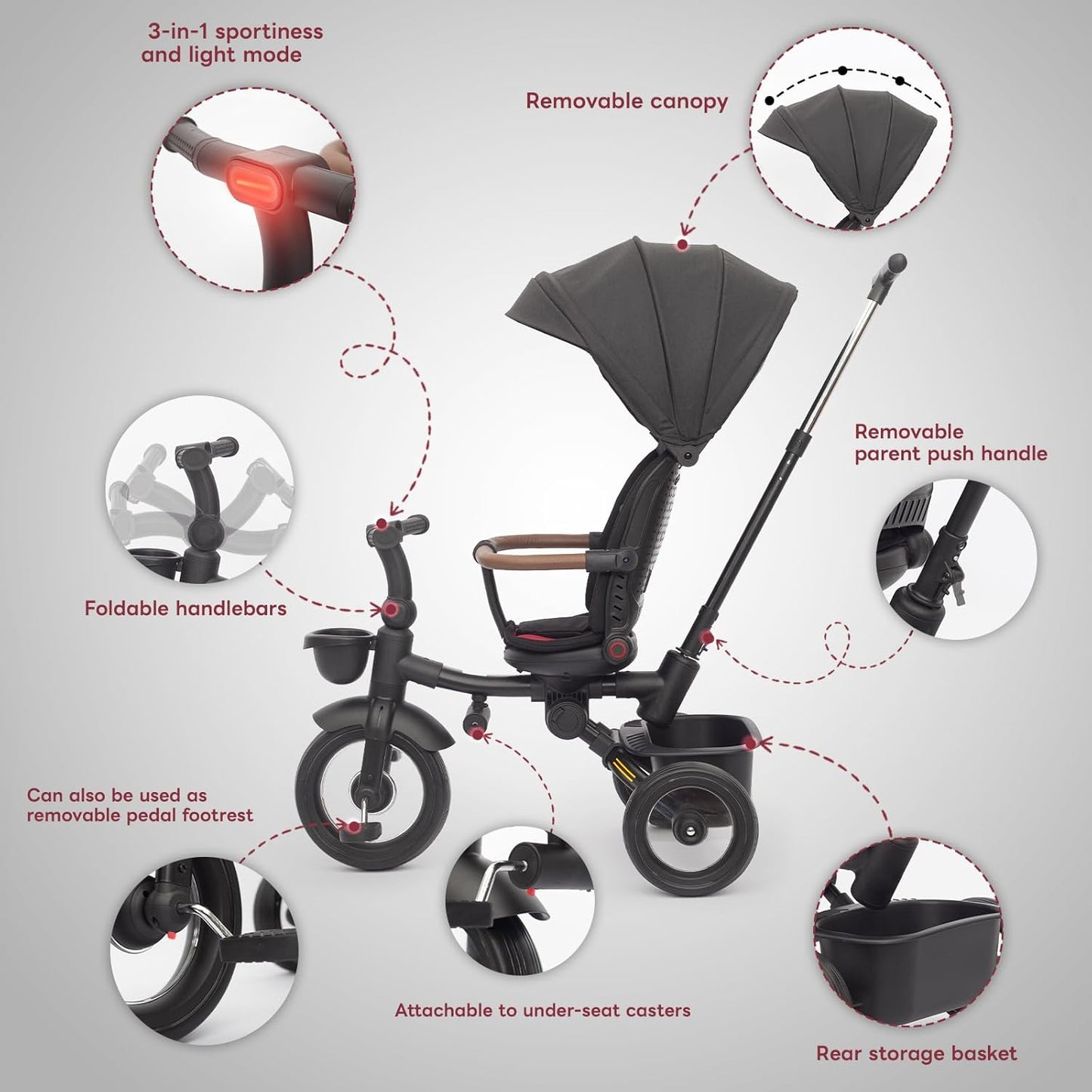 UBRAVOO Baby Tricycle,7 in 1 Foldable Trike for Kids age 6M+ to 5 Years,Headlights.1-Step Brake Folding Pedal, Extended Canopy, Detachable Guardrail, All-Terrain Stroll & Steer Bike Stroller (Black)