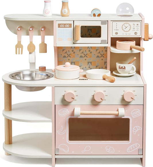 Spielküche, Holzspielzeug, Kinderküchen-Spielset mit Kaffeemaschine, Spielfutter, Küchenzubehör, Kochset, Geschenk für Mädchen und Jungen, Alter 3, 4, 5, 6 Jahre