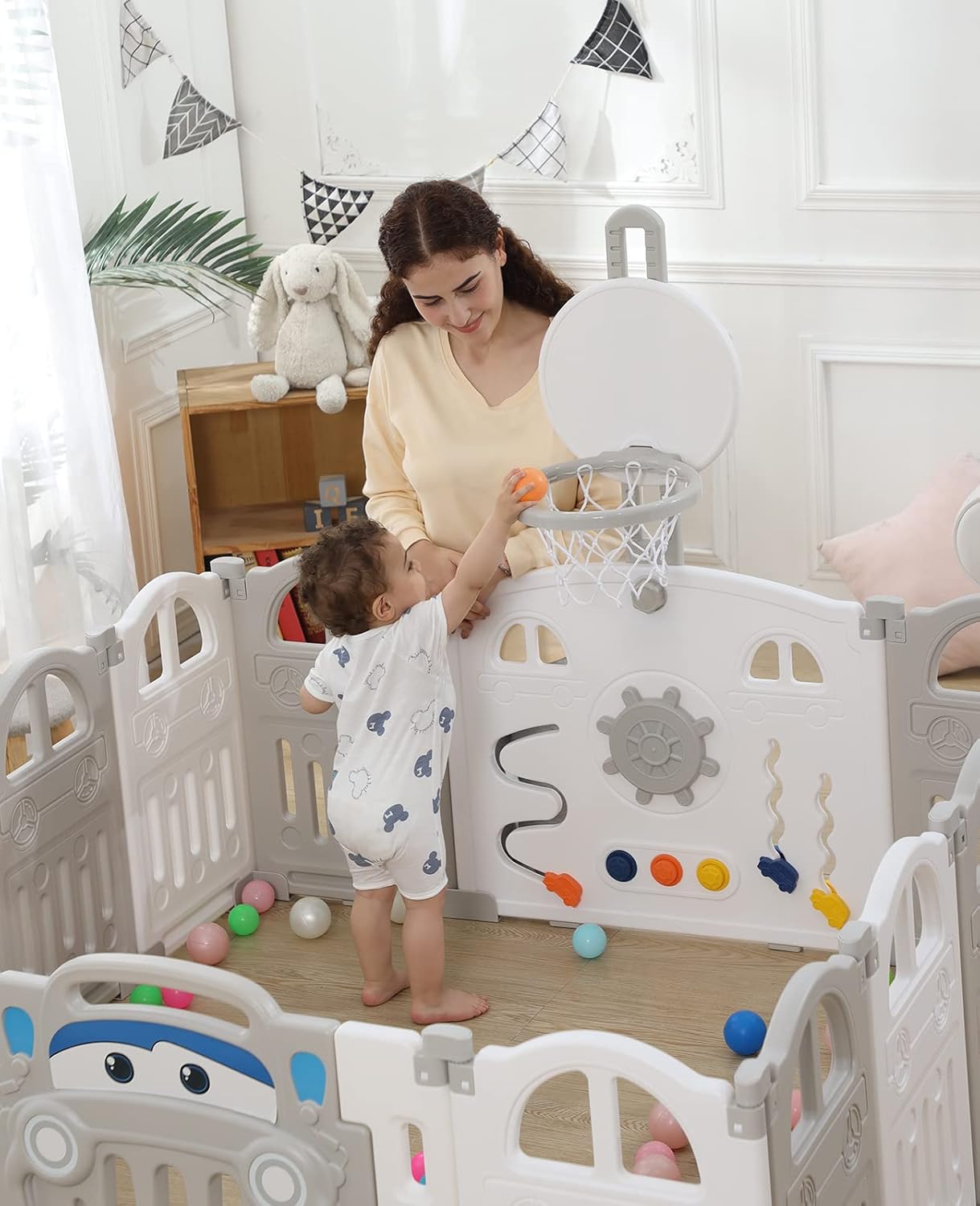 UBRAVOO Foldable Baby Playpen with Mini Basketball Hoop & 50Pcs Coloured Pit Balls, Car Theme Playpen for Baby and Toddlers, Large & Fun Indoor Activity Centre (14-Panel, Grey-White)