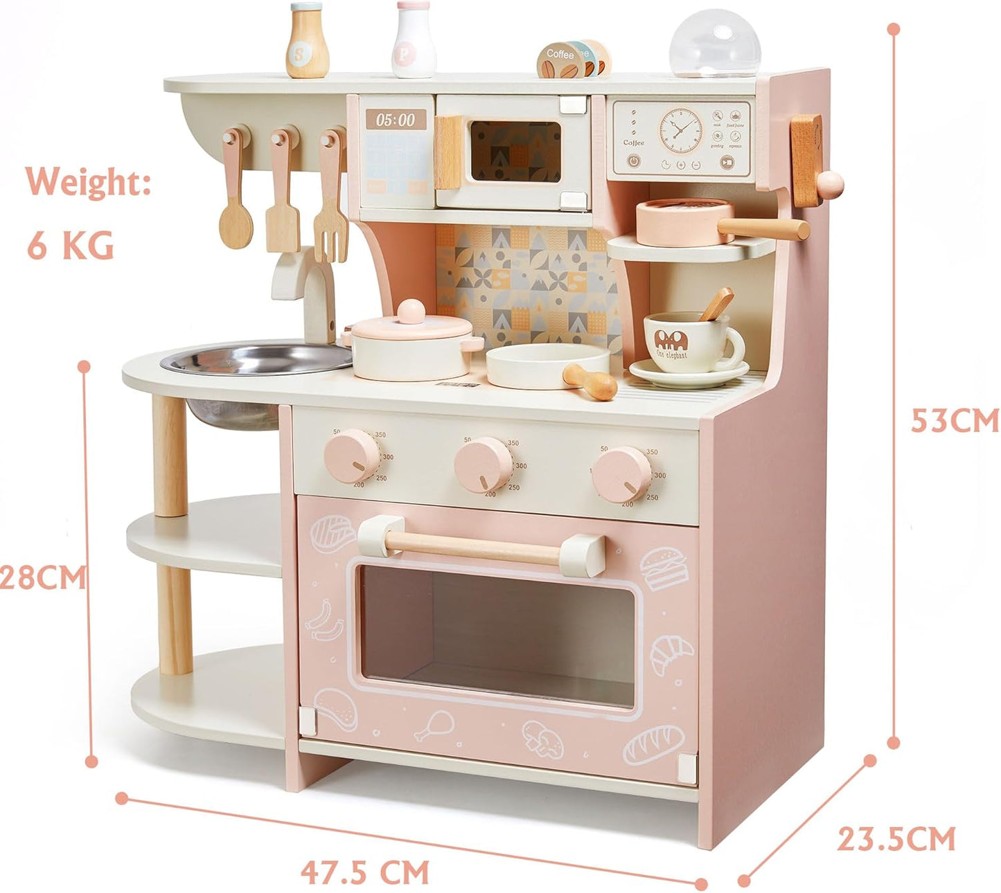 Spielküche, Holzspielzeug, Kinderküchen-Spielset mit Kaffeemaschine, Spielfutter, Küchenzubehör, Kochset, Geschenk für Mädchen und Jungen, Alter 3, 4, 5, 6 Jahre