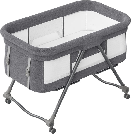 UBRAVOO Grab-and-go Travel Cot, Baby Crib with Mattress I Silent Wheels, Baby Bedside Crib | Rocking Crib Convertible, XYT-001 (Gray - Bravo Basic)