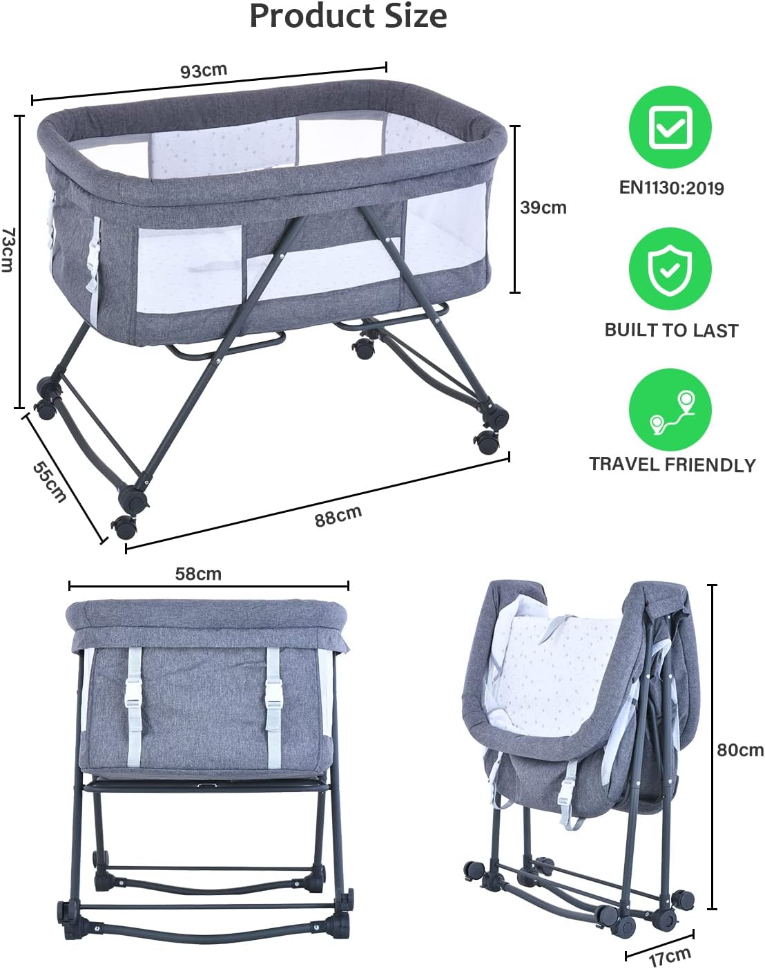 UBRAVOO Grab-and-go Travel Cot, Baby Crib with Mattress I Silent Wheels, Baby Bedside Crib | Rocking Crib Convertible, XYT-001 (Gray - Bravo Basic)