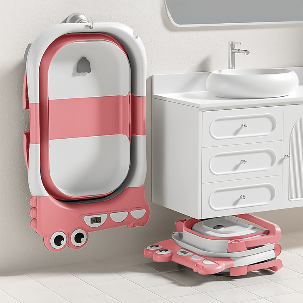Baby Bath with Thermometer, Foldable Baby Bathtub, Non-Slip Portable Folding Bath with Seat Mat, Baby Bathtub, Baby Bathtub, Portable Travel Bathtub for Newborns from 0-36 Months baby bath tub baby bath