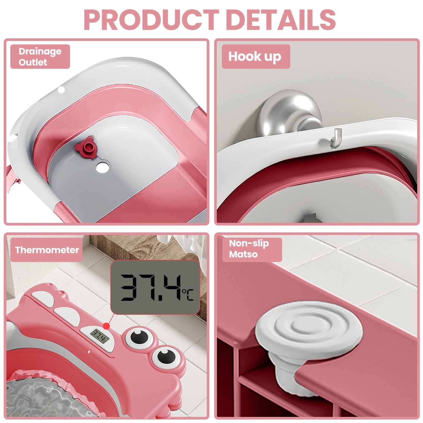 Baby Bath with Thermometer, Foldable Baby Bathtub, Non-Slip Portable Folding Bath with Seat Mat, Baby Bathtub, Baby Bathtub, Portable Travel Bathtub for Newborns from 0-36 Months baby bath tub baby bath