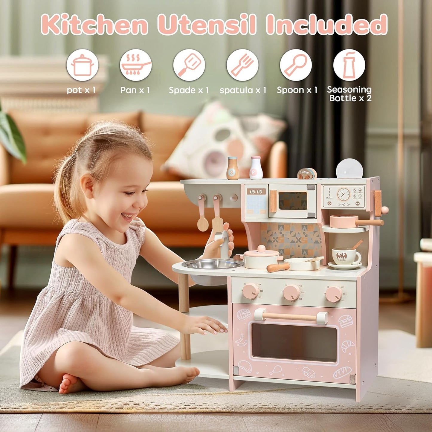 Spielküche, Holzspielzeug, Kinderküchen-Spielset mit Kaffeemaschine, Spielfutter, Küchenzubehör, Kochset, Geschenk für Mädchen und Jungen, Alter 3, 4, 5, 6 Jahre