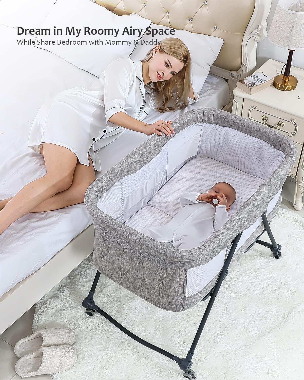 UBRAVOO Grab-and-go Travel Cot, Baby Crib with Mattress I Silent Wheels, Baby Bedside Crib | Rocking Crib Convertible, XYT-001 (Gray - Bravo Basic)