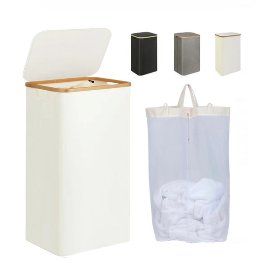 100L Laundry Basket with Lid, Clothes Hampers for Laundry with Bamboo Handles and A Removable Laundry Bag, Large Foldable Laundry Hamper for Bedroom, Bathroom, Dorm, Laundry Room, White