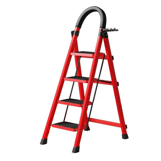 Portable Folding Ladder - Sturdy Metal HerringboneDesign, Extendable indoor/Outdoor Use for Home improvement,Lightweight & Compact Storage, Red-Handled with  PlatformSteps, Ladder Foldable