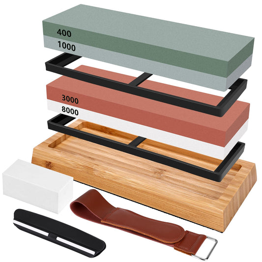 Knife Sharpening Stone Kit - 400/1000 3000/8000 Grit Japanese Whetstone Sharpener Set with Non-Slip Rubber Base Angle Guide Flattening Stone and Leather Strop