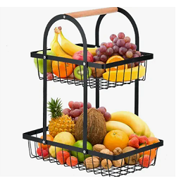 Curved wooden-handled double-layered fruit basket