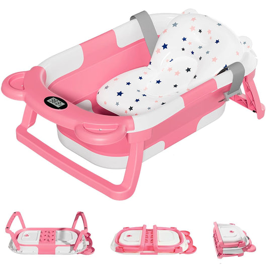 Baby Bath with Thermometer, Foldable Baby Bathtub, Non-Slip Portable Folding Bath with Seat Mat, Baby Bathtub, Baby Bathtub, Portable Travel Bathtub for Newborns from 0-36 Months baby bath tub baby bath